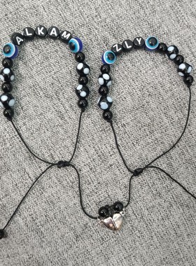 情侣字母手链男女刻字定制黑绳珠子钛钢吸引爱心闺蜜宝宝亲子手镯