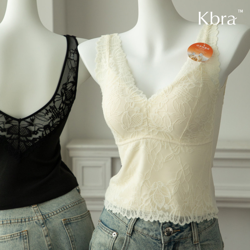 Kbra加绒保暖背心女蕾丝V领带胸垫美背发热内搭冬胸罩一体式内衣,淘宝优惠券,粉丝福利购,淘宝优惠卷