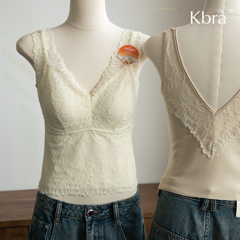Kbra加绒保暖背心女蕾丝V领带胸垫美背发热内搭冬胸罩一体式内衣,淘宝优惠券,粉丝福利购,淘宝优惠卷