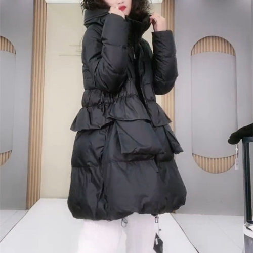 中长款白鸭绒羽绒服女春季2026年新款收腰显瘦吸扣荷叶边连帽外套 - 图0