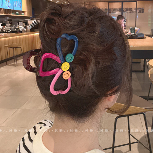 彩色笑脸抓夹女高级感2026新款多巴胺撞色蝴蝶结鲨鱼夹盘发夹子 - 图3
