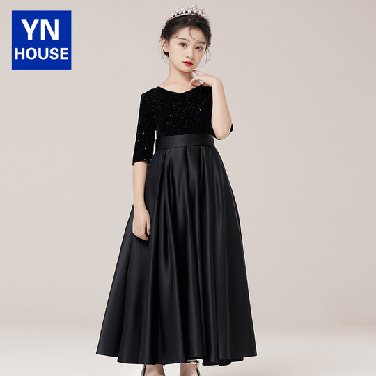 女童黑色儿童礼服裙中大童花童婚礼女孩高端主持人钢琴演奏演出服