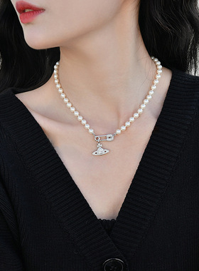 天然淡水珍珠项链女西太后土星别针锁骨链亚马逊新品吊坠颈链