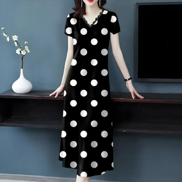 Middle-aged mother dress ice silk polka dot short-sleeved skirt