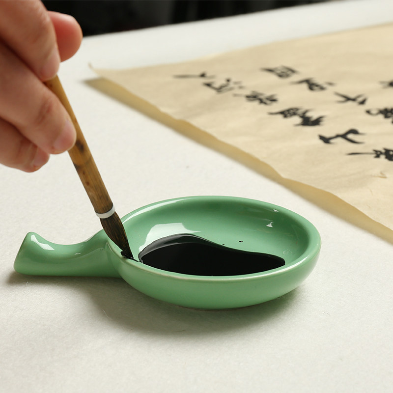 白瓷墨碟料碟4寸陶瓷砚台多功能笔搁调色盘瓷器墨池笔舔文房四宝_虎窝淘