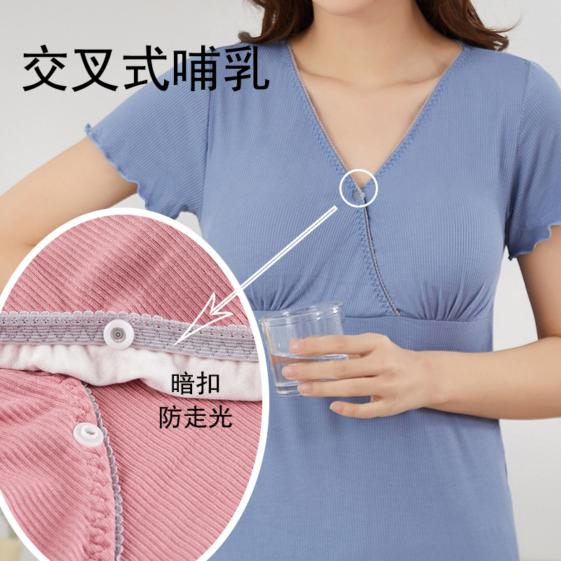 春夏季哺乳短袖T恤上衣月子服喂奶半袖莫代尔薄款休闲家居服睡衣 - 图0