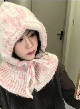 新款混色巴拉克啦法帽女系带针织套头帽子保暖帽子围脖一体护颈