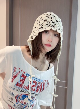 女无檐夏季包头帽休闲风花朵帽子编织镂空日系百搭白色气质