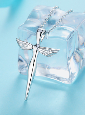 纯银天使翅膀项链学生十字架吊坠