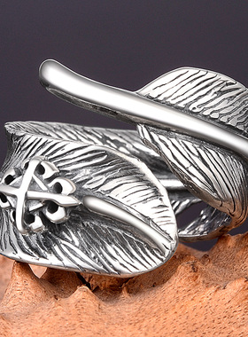 纯银饰品复古羽毛戒指女星儿同款