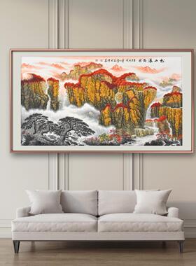 傅抱石弟子手绘山水画瀑布流水红日旭日东升鸿运当头靠山图国画