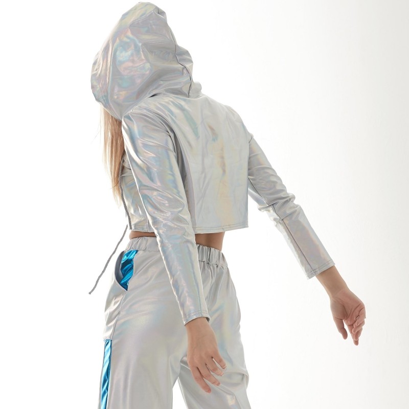 女士银色漆皮短款露脐T恤爵士舞表演服亮皮连帽卫衣宽松长袖上衣,淘宝优惠券,粉丝福利购,淘宝优惠卷