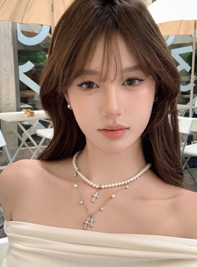 甜酷辣妹风~珍珠十字架项链女