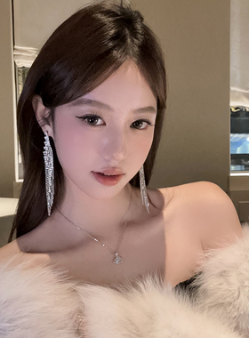 矜贵佳人银色满钻长流苏耳环