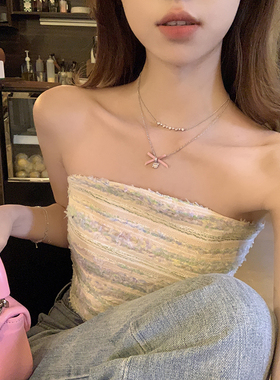 peachtea蝴蝶结双层女项链