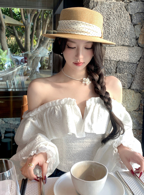 奥法庄园法式波点平顶草帽女