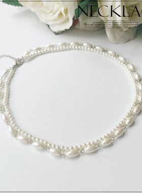 2025新款夏季双层珍珠项链女士锁骨链子颈链多层叠戴毛衣链子L091