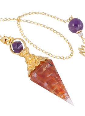 水晶碎石树脂六角柱尖锥吊坠 金色莲花图案链子灵摆 欧美饰品