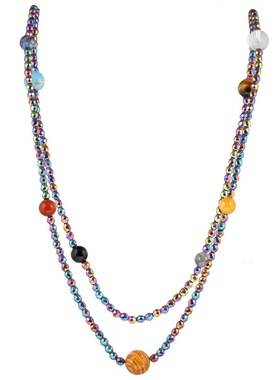 创意款太阳系九大行星水晶圆珠配切面黑胆石珠子奇幻星球个性项链