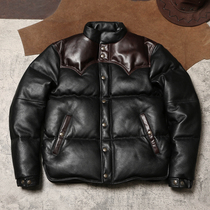 Winter ultra-thick genuine leather down bread clothes mens retro leather jacket head layer cow leather plus duck suede warm jacket