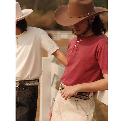 西部系列 240克花卉绣花斜门襟修身亨利领短袖T恤 MBBCAR窄幅 - 图0