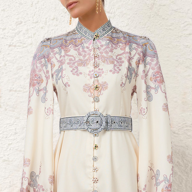 Spot 2025 Australian retro palace style cotton and linen small high collar belt waist super slim long-sleeved short dress