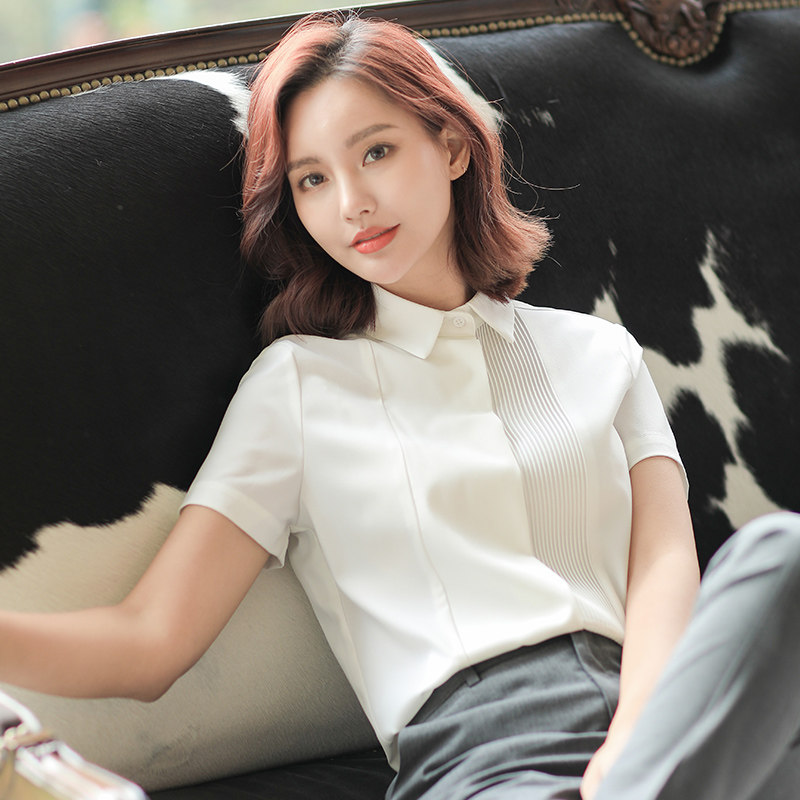 优柏白色雪纺女短袖夏季工作白衬衣 优柏衬衫