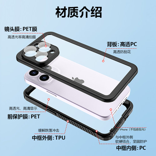 Waterproof Case三防手机壳适用于iPhone15ProMax14/13/12全包边防水TPU壳海边游泳户外防雨水漂流防摔防尘壳-图2