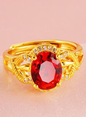 新款红水晶沙金戒指女时尚花样镶钻镀金彩色开口久不褪色饰品