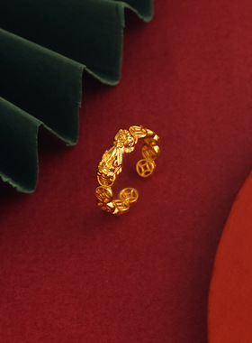 新款貔貅铜钱沙金戒指女古法新中式小众设计高颜值食指戒开口指环