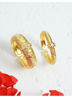 新中式越南沙金戒指复古拉丝镶石指环情侣对戒久不掉色手饰品