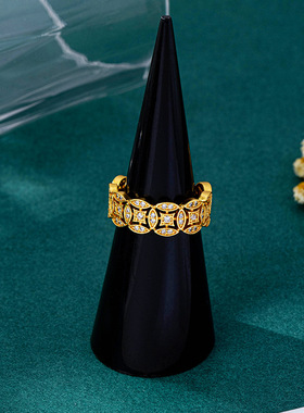 2025年新款Vintage中古满钻满圈镂空金钱戒指复古精致高级饰品