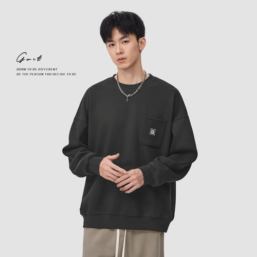 GWIT 四色经典款重磅加绒冬季保暖加厚打底衫套头上衣圆领卫衣男 - 图2