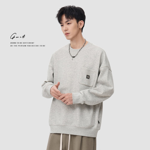 GWIT 四色经典款重磅加绒冬季保暖加厚打底衫套头上衣圆领卫衣男 - 图0
