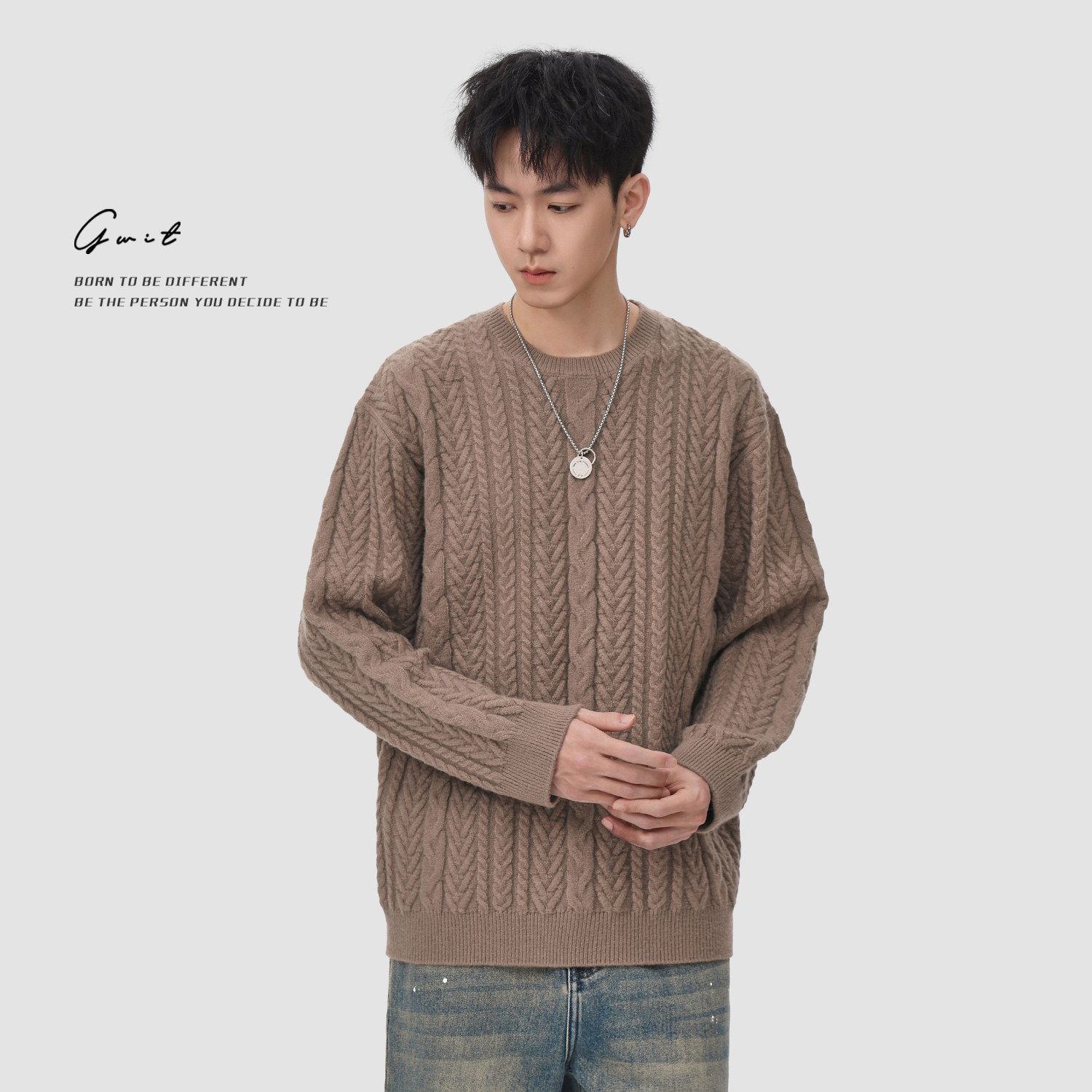 GWIT 复古绞花美拉德松弛感线衣打底衫秋冬针织衫上衣圆领毛衣男,淘宝优惠券,粉丝福利购,淘宝优惠卷