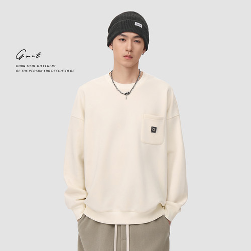 GWIT 四色经典款重磅加绒冬季保暖加厚打底衫套头上衣圆领卫衣男 - 图1