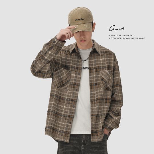 GWIT 美式休闲磨毛复古寸衫外套春秋上衣内搭长袖衬衣格子衬衫男