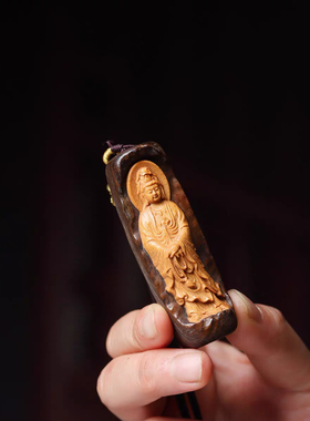 沉香木念珠观音菩萨项链吊坠木雕手把件男女随身佛牌车挂件护身符