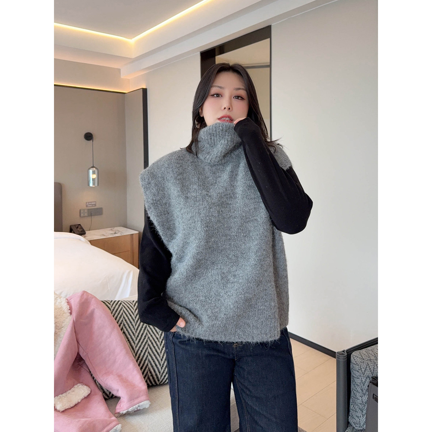 VOGANA戛纳家大码女装时髦混搭CP高领遮双下巴温暖羊毛针织厚背心,淘宝优惠券,粉丝福利购,淘宝优惠卷