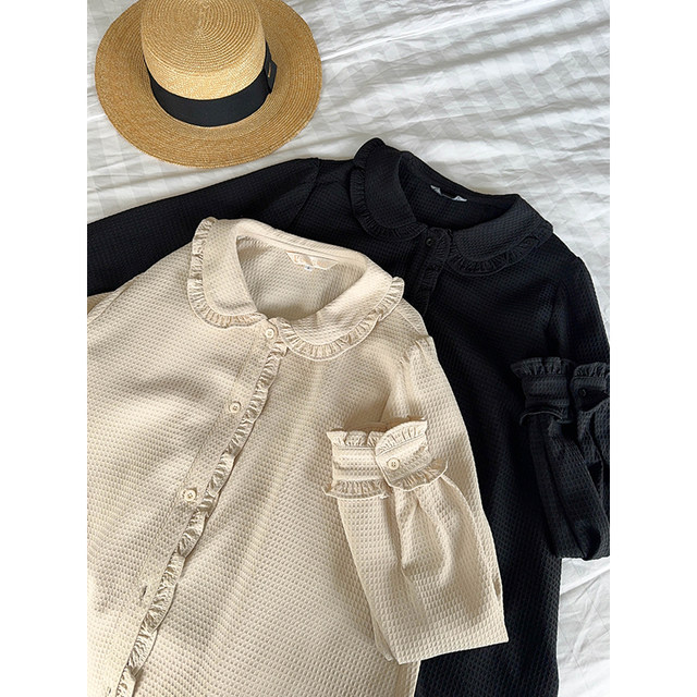 Age-reducing doll collar waffle shirt, loose and slimming