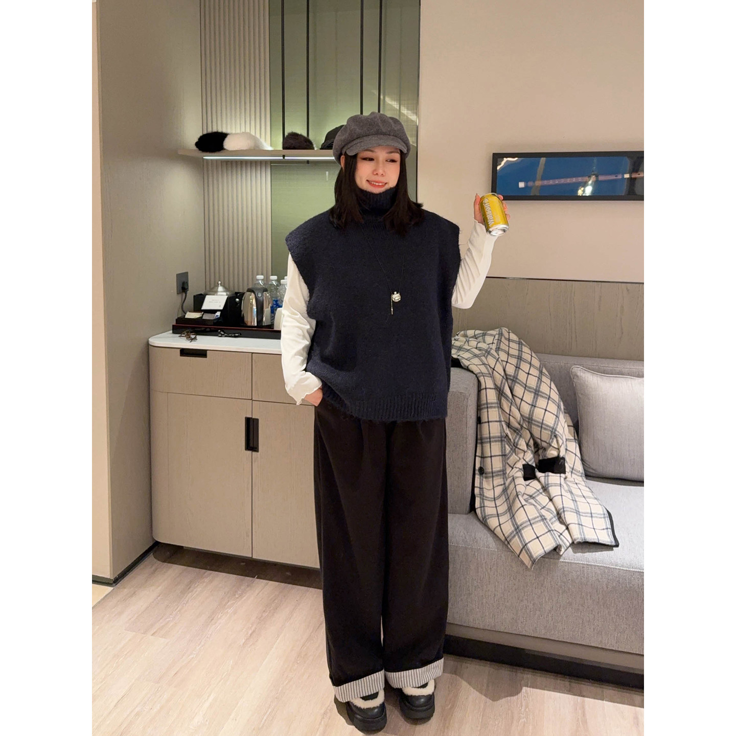 VOGANA戛纳家大码女装时髦混搭CP高领遮双下巴温暖羊毛针织厚背心,淘宝优惠券,粉丝福利购,淘宝优惠卷