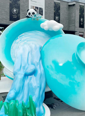 户外大型盖碗茶杯熊猫卡通雕塑火锅店打卡拍照网红装饰品落地摆件