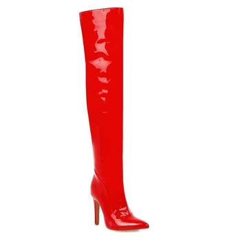 Nightclub sexy patent leather over-the-knee boots stiletto super high heels big red pointed toe thin bright bright boots large size