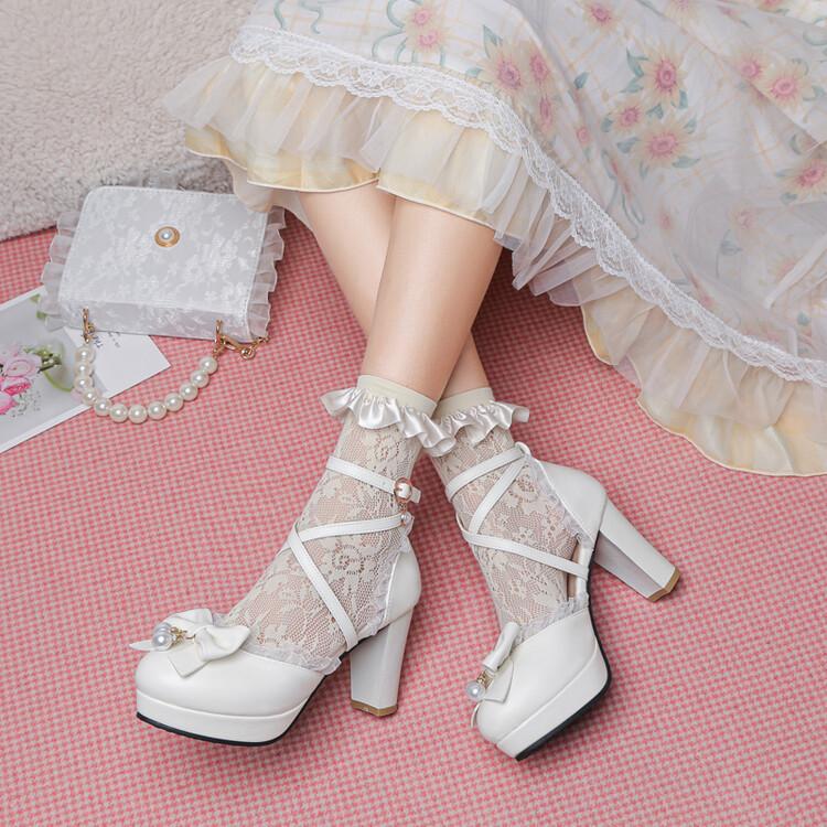 lolita鞋子高跟lo鞋女包头凉鞋女夏软妹珍珠蝴蝶结洛丽塔鞋子学生 - 图1