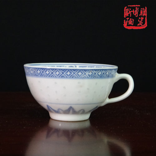 景德镇老厂货国营厂出口青花玲珑陶瓷耳杯加彩描金水杯咖啡杯茶杯 - 图0