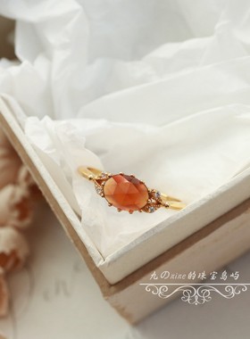 日系复古文艺天然橙红色石榴石叶子镂空活口均码纯银S925镀金戒指