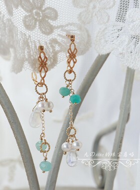 手作不退换 罗马玻璃太阳晶蓝松石天然月光石吊坠银饰耳环14k包金