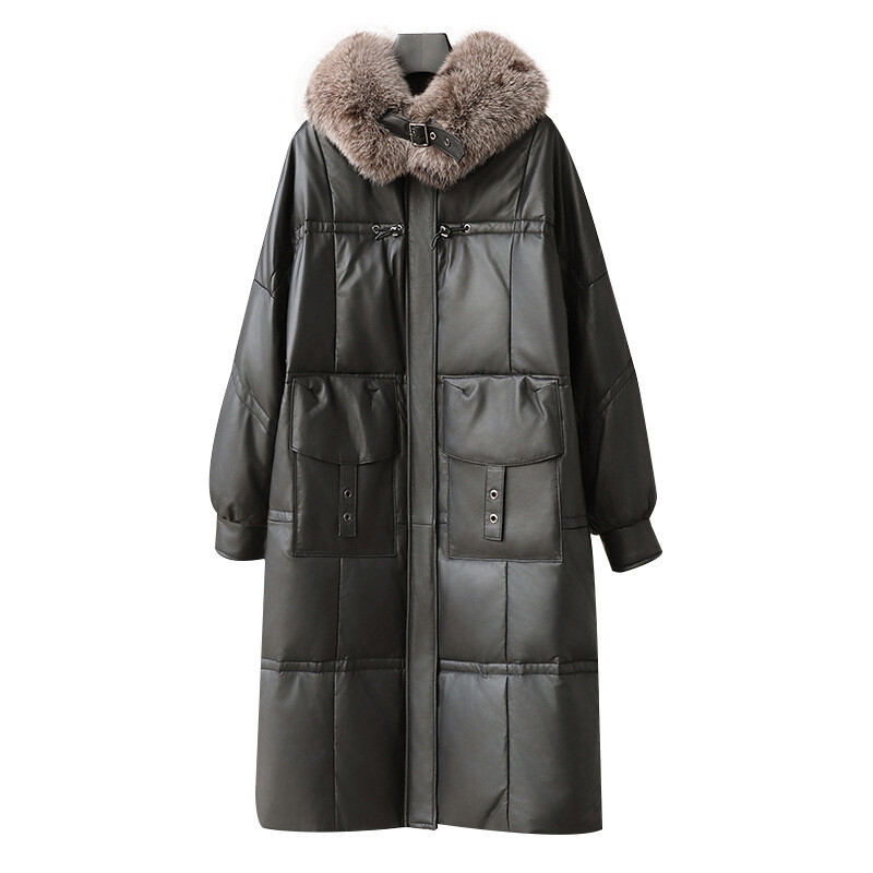 海宁真皮绵羊皮羽绒服女长款鹅绒加厚保暖狐狸毛领宽松皮草外套女 - 图3