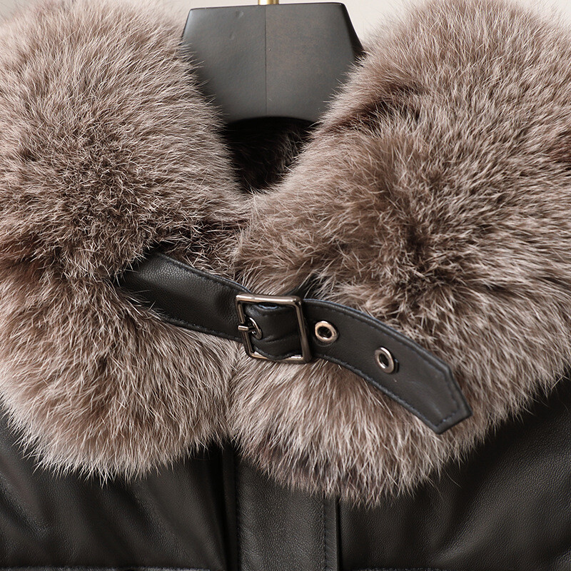 海宁真皮绵羊皮羽绒服女长款鹅绒加厚保暖狐狸毛领宽松皮草外套女 - 图1
