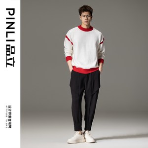 PINLI品立2024春季新款撞色圆领针织衫男士潮牌红色套头休闲毛衣
